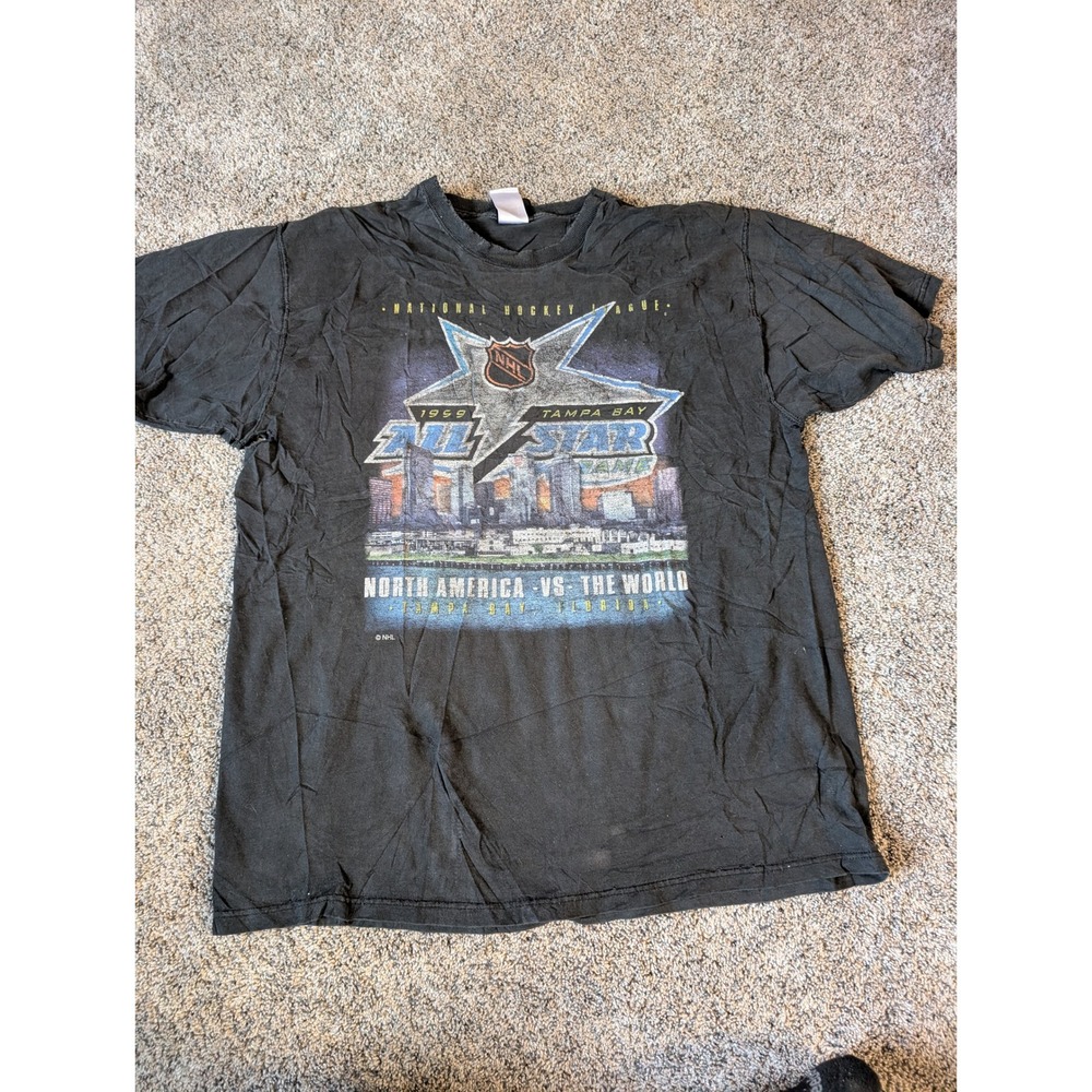 Vintage 1999 NHL All Star Game Pro Player T-Shirt Tampa‎ Bay Black Distressed L